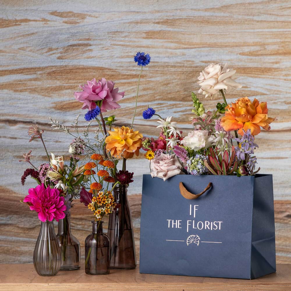 Set of smoky-toned bud vases featuring soft seasonal blooms, styled with a modern and elegant touch by If The Florist in Maroubra, Sydney.